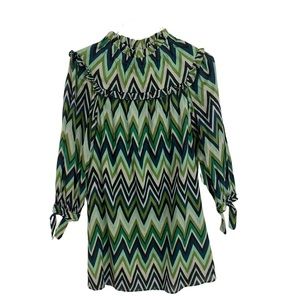 OLIVIA JAMES Green Zig Zag Cotton Dress Long Sleeve